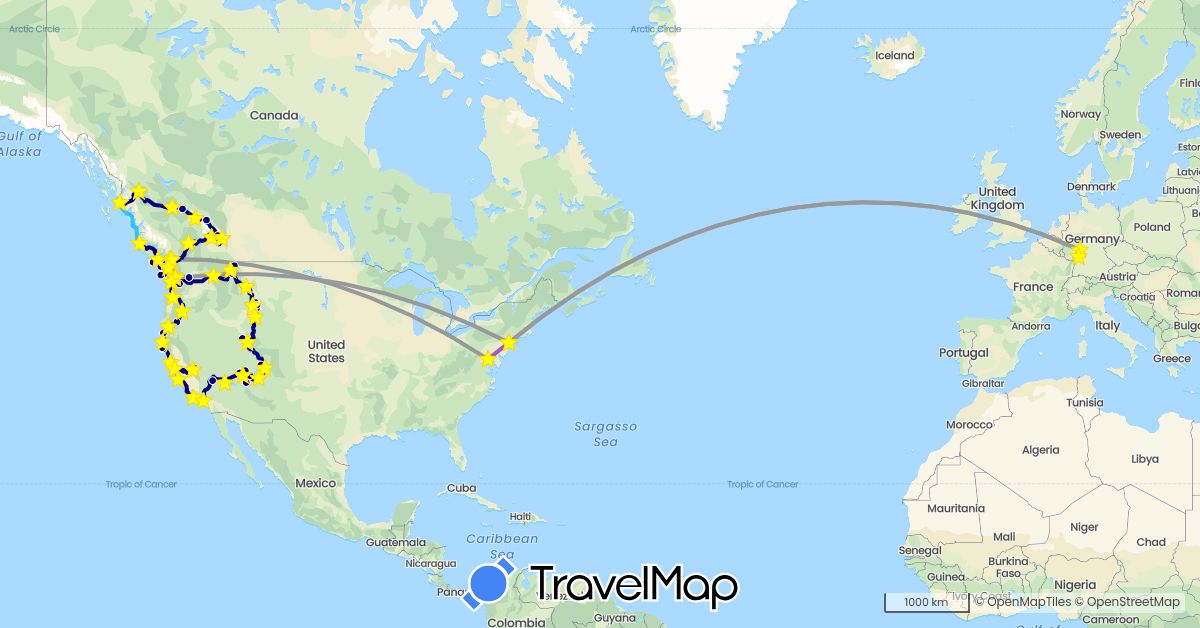 TravelMap itinerary: driving, bus, plane, train, hiking, boat in Canada, Germany, United States (Europe, North America)